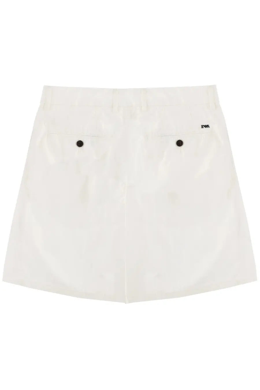 Emporio Armani men’s white cotton shorts with black button closures and small logo on the right hip