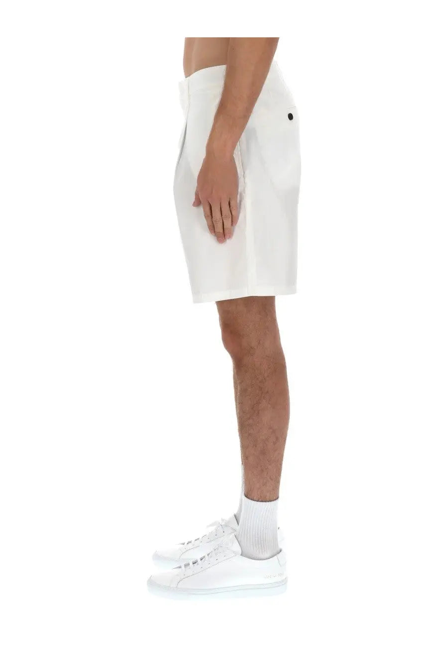 Emporio Armani men’s white cotton shorts with minimalist design and small black button on side seam