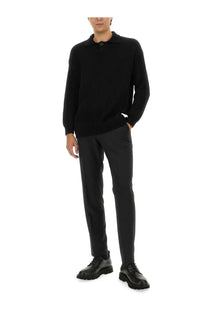 Emporio Armani men’s black wool jersey ribbed knit polo sweater with classic collar and button closure
