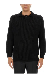 Emporio Armani men’s black wool jersey ribbed knit polo sweater with single button closure and white label detailing