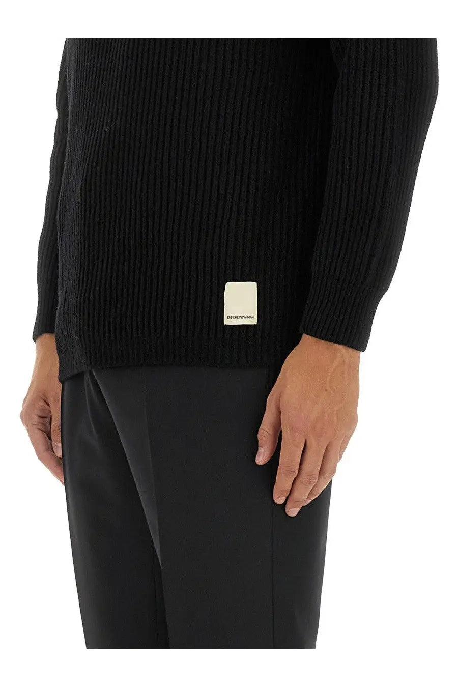 Emporio armani men’s black ribbed wool jersey sweater with cream brand label at the hem