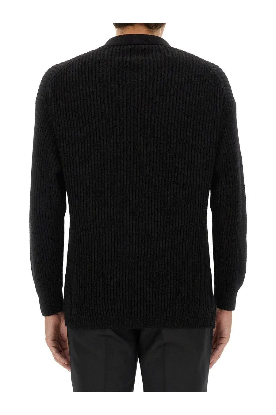 Emporio armani men’s black wool jersey ribbed knit sweater with structured collar and long sleeves