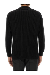 Emporio armani men’s black wool jersey ribbed knit sweater with structured collar and long sleeves