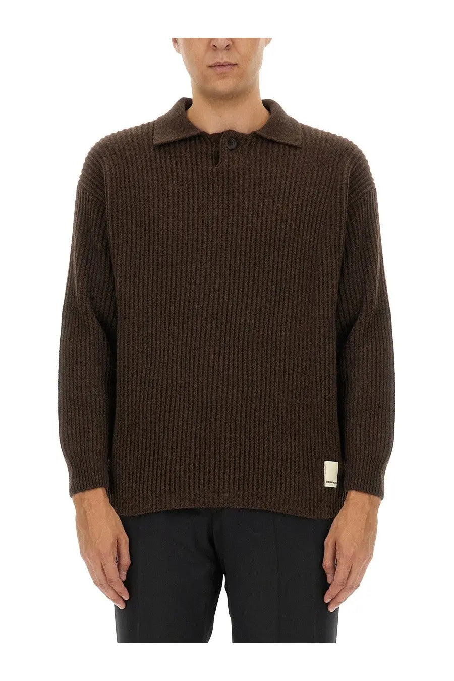 Emporio Armani men’s brown wool jersey ribbed knit polo sweater with collar and button closure