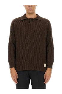Emporio Armani men’s brown wool jersey ribbed knit polo sweater with collar and button closure