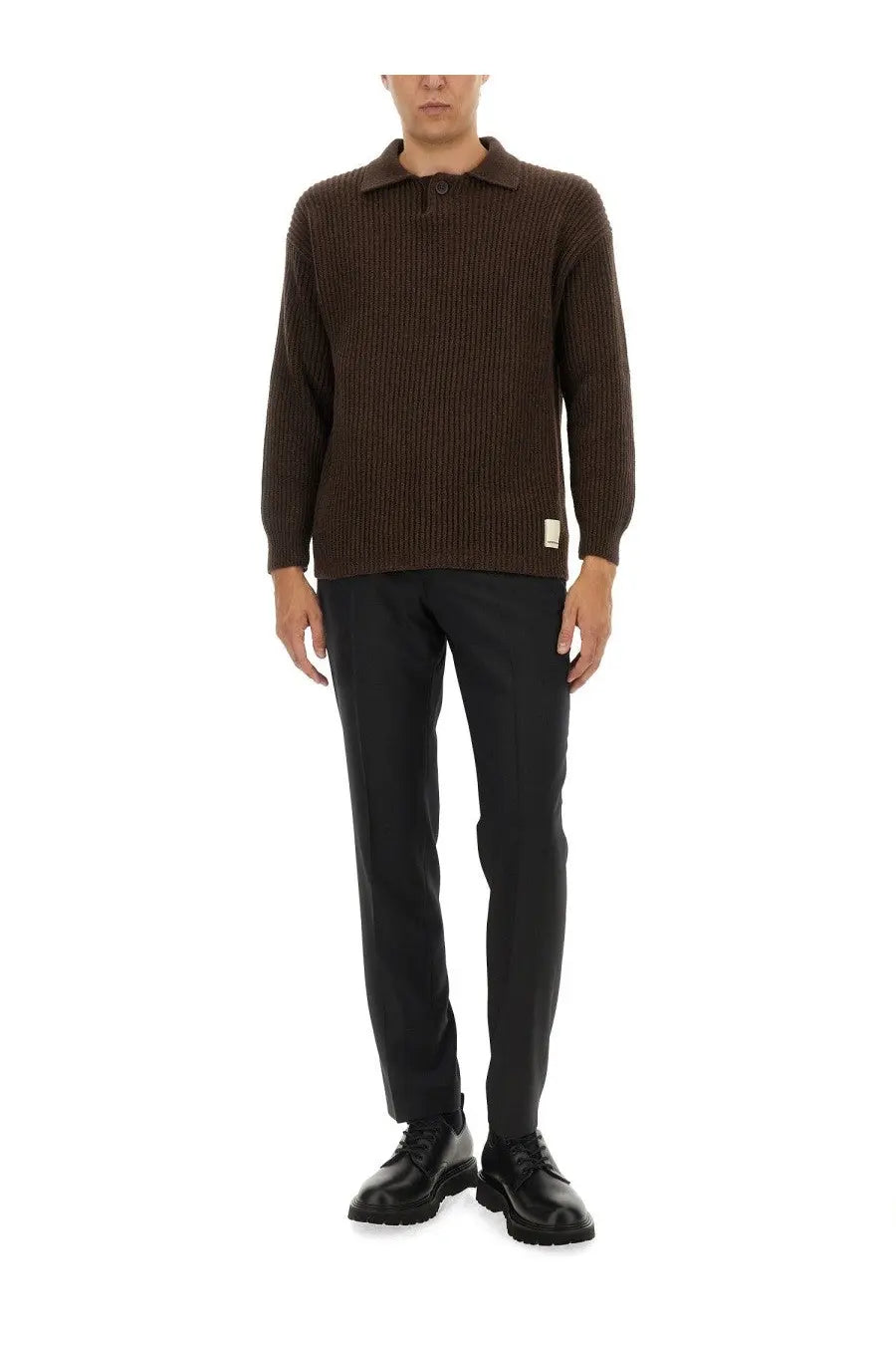 Emporio armani men’s wool jersey brown ribbed knit polo sweater with collar and button closure