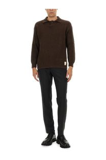 Emporio armani men’s wool jersey brown ribbed knit polo sweater with collar and button closure