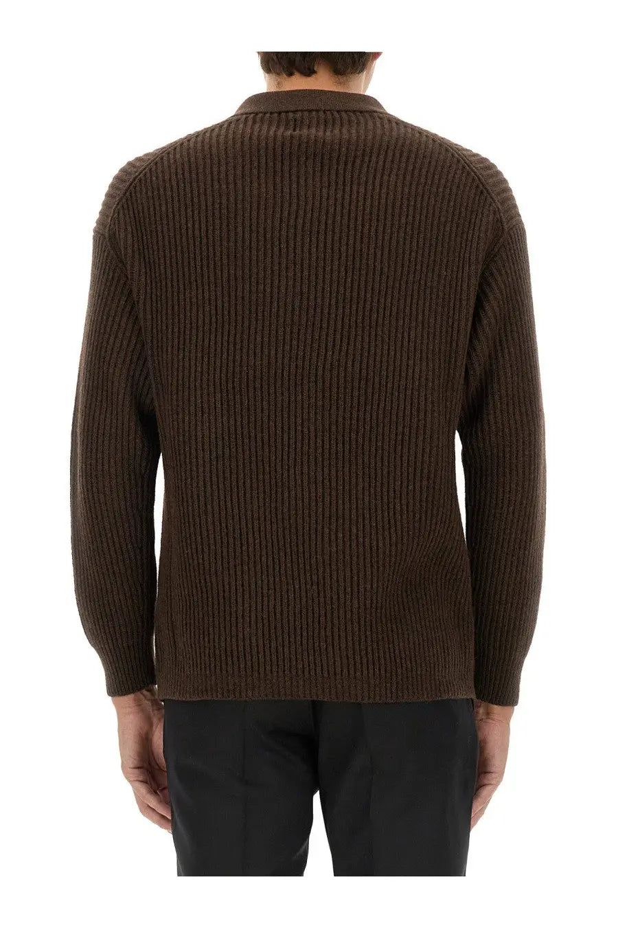 Emporio Armani men’s wool jersey brown ribbed knit sweater with classic collar and long sleeves