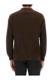 Emporio Armani men’s wool jersey brown ribbed knit sweater with classic collar and long sleeves