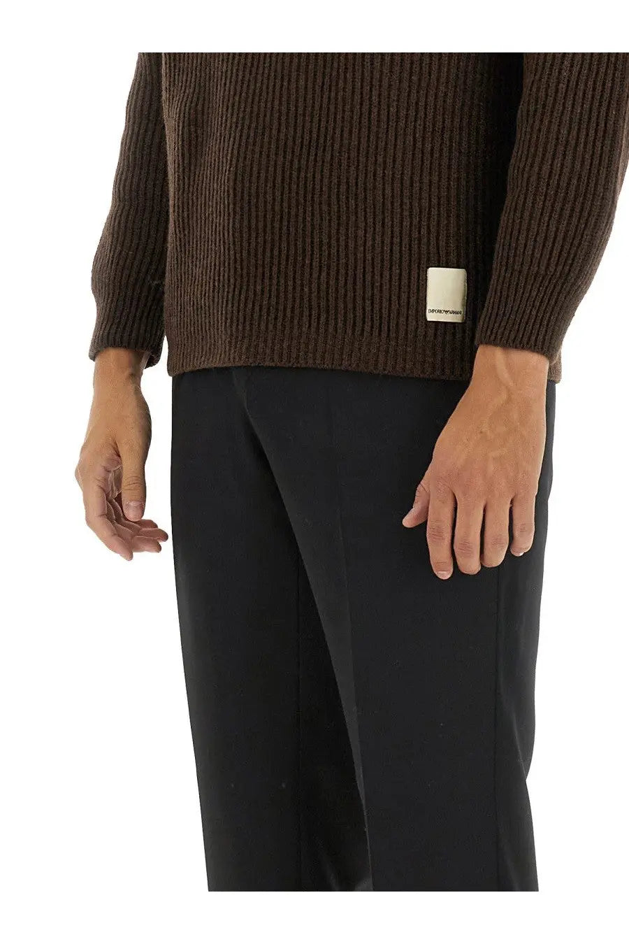 Emporio Armani men’s wool jersey brown ribbed knit sweater with small white label on lower left side front view