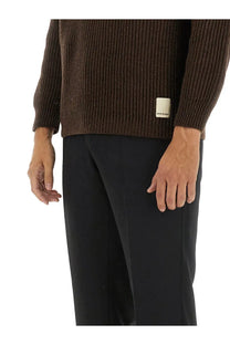 Emporio Armani men’s wool jersey brown ribbed knit sweater with small white label on lower left side front view