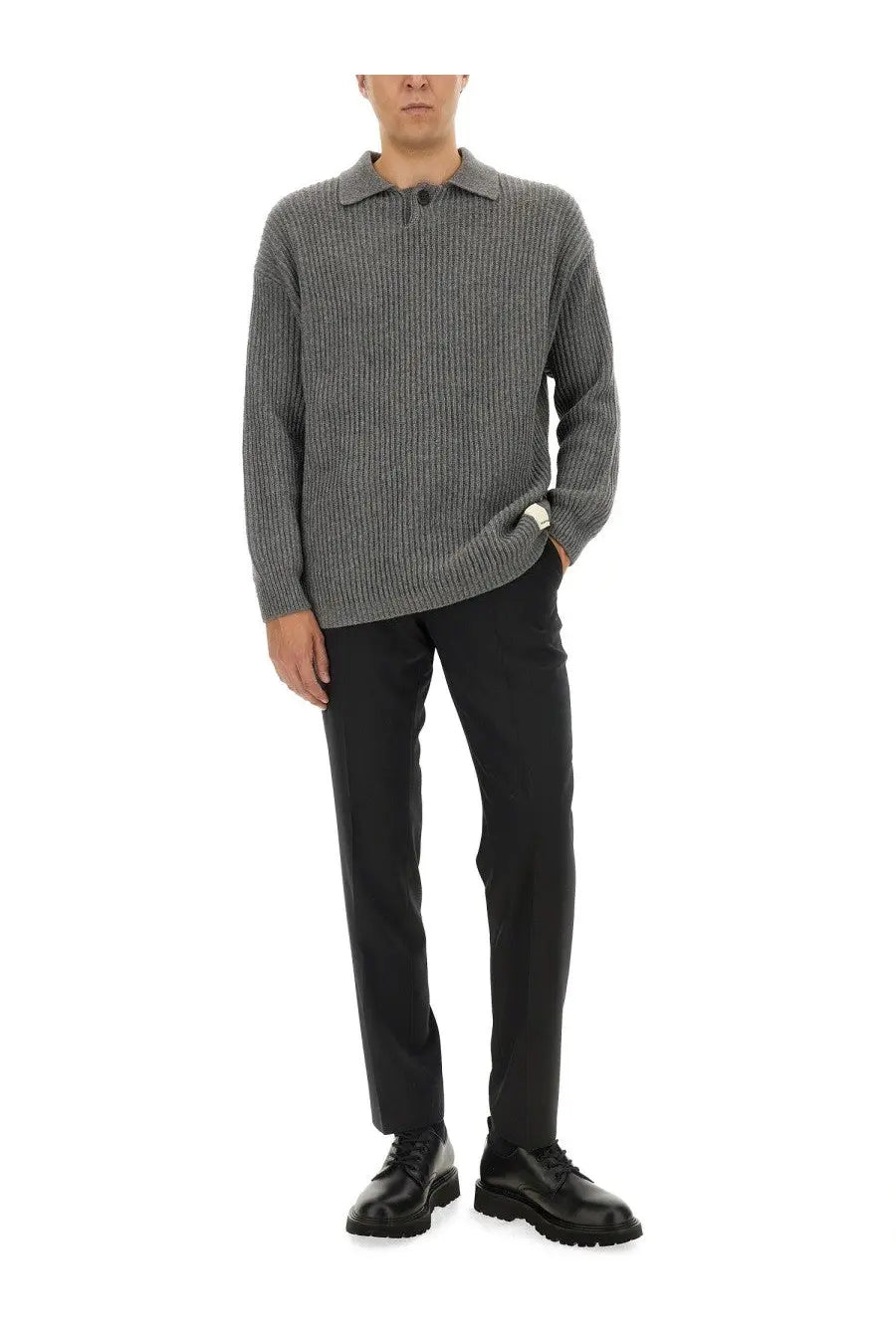 Emporio Armani men’s wool jersey grey ribbed knit polo sweater with classic collar and button closure