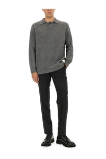 Emporio Armani men’s wool jersey grey ribbed knit polo sweater with classic collar and button closure