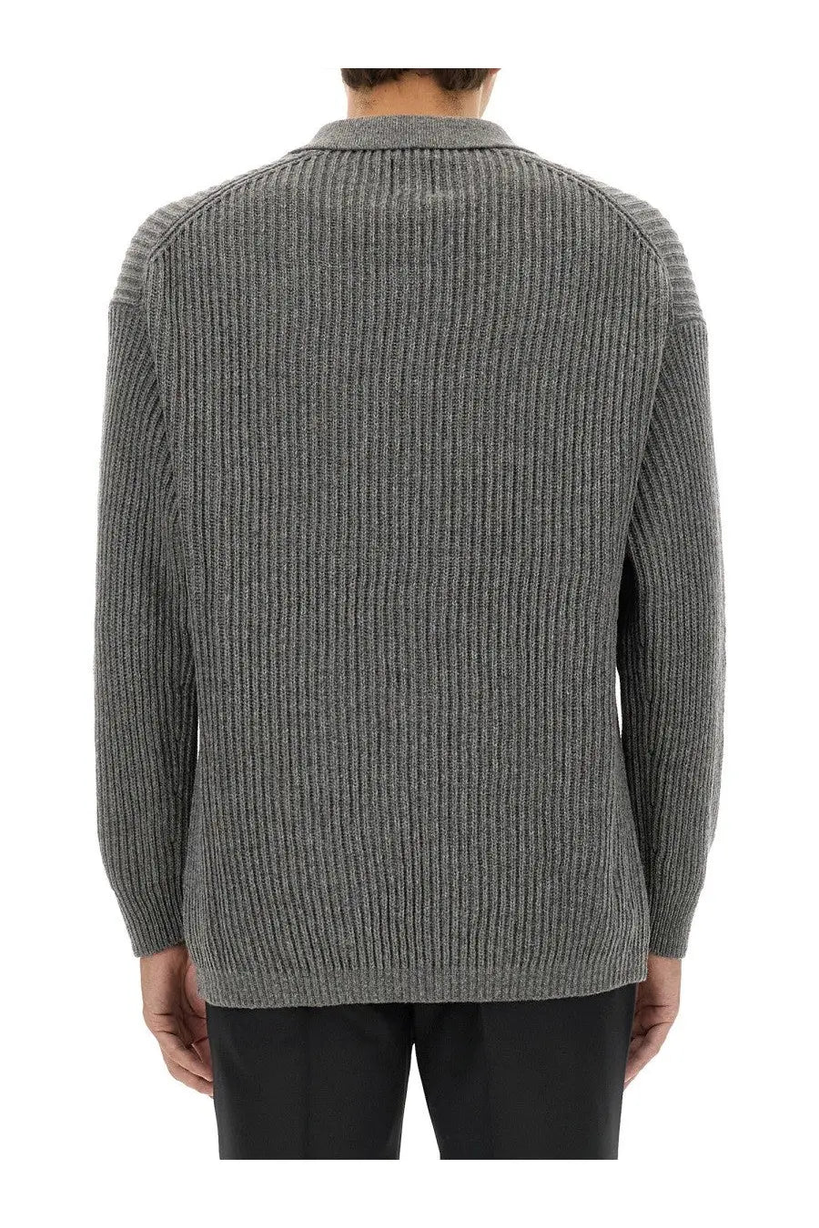 Emporio Armani men’s wool jersey grey ribbed knit sweater with collar and long sleeves