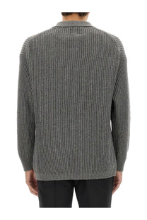 Emporio Armani men’s wool jersey grey ribbed knit sweater with collar and long sleeves