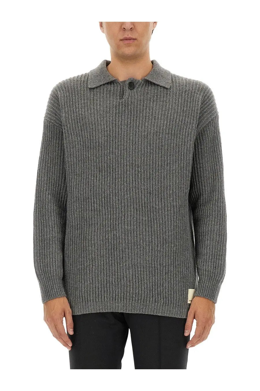 Emporio armani men’s wool jersey grey textured ribbed knit sweater with classic collar and button closure