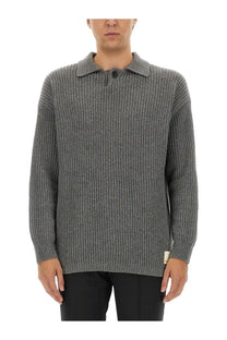 Emporio armani men’s wool jersey grey textured ribbed knit sweater with classic collar and button closure
