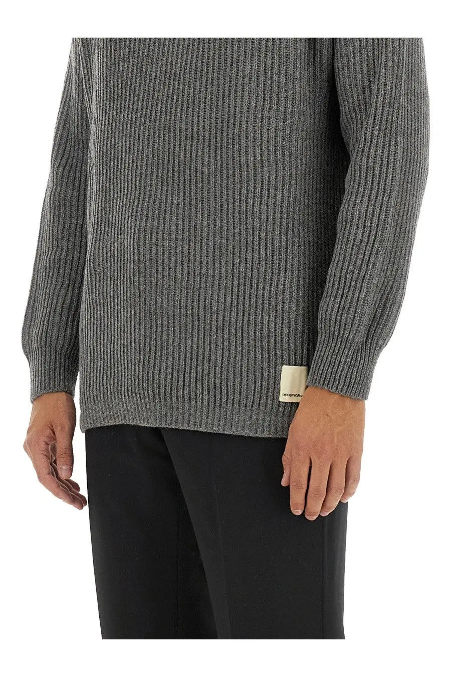 Emporio armani men’s wool jersey grey textured ribbed knit sweater with heathered finish and brand tag at hem