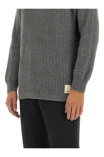 Emporio armani men’s wool jersey grey textured ribbed knit sweater with heathered finish and brand tag at hem