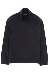 Emporio Armani men’s black zip-up track jacket with subtle embroidered logos along the sleeves