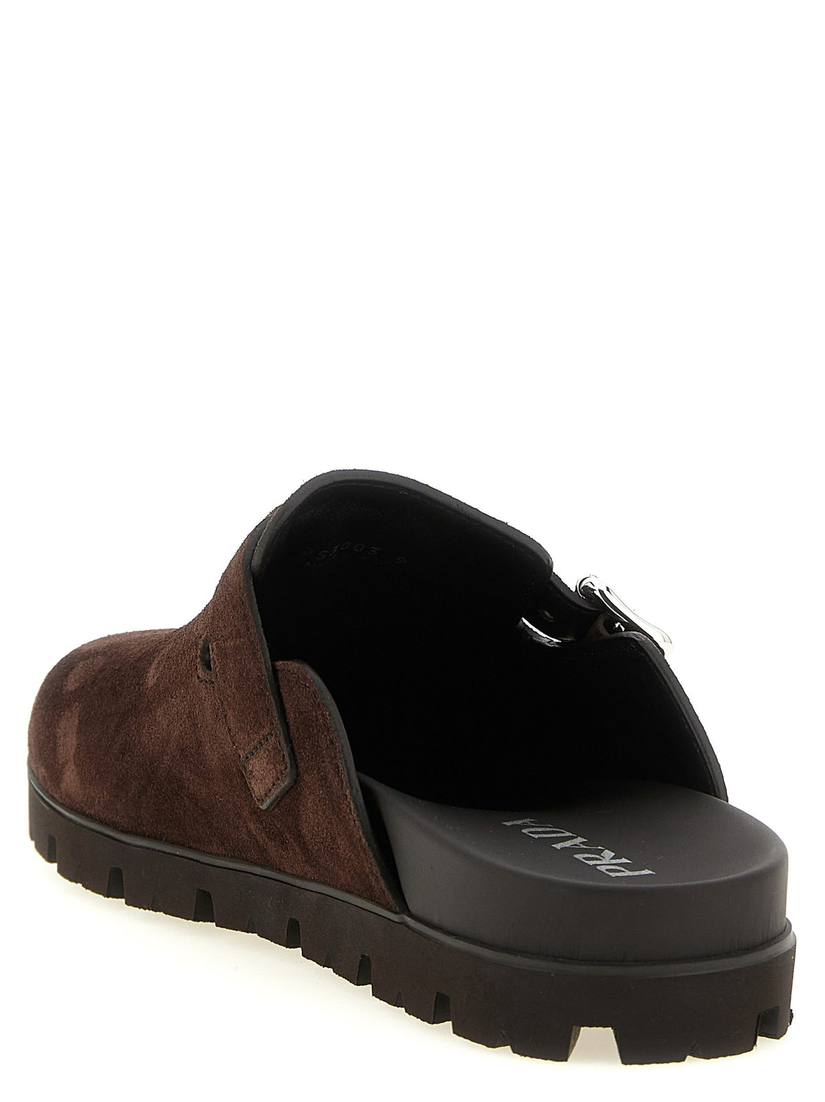 PRADA Enameled Triangle Sabots Brown