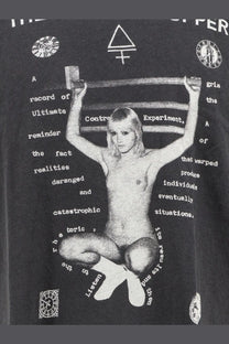Black cotton t-shirt featuring a white graphic of a nude woman meditating with text and symbols by enfants riches déprimés