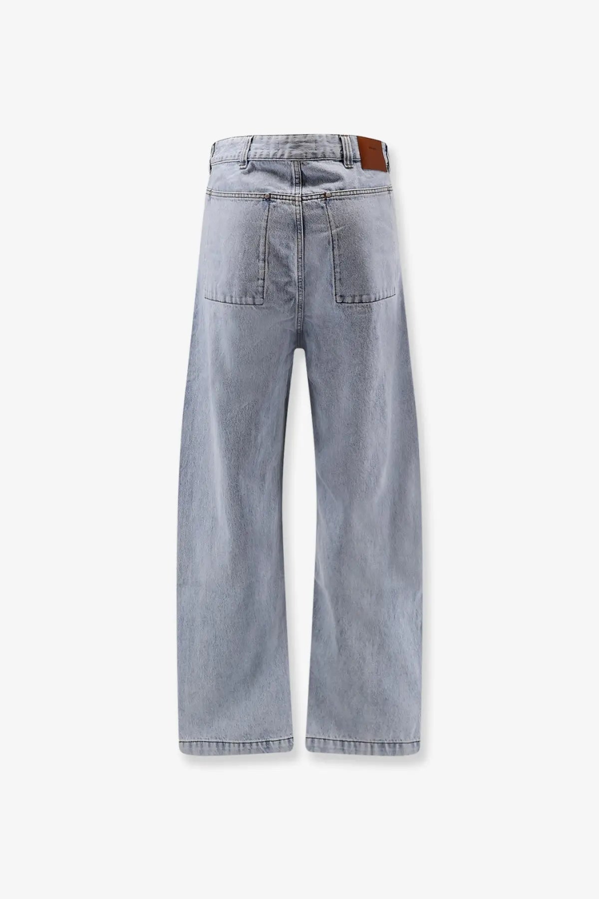 Light-wash entire studios men’s gem cotton jeans with wide-leg cut and brown leather patch at waistband back view