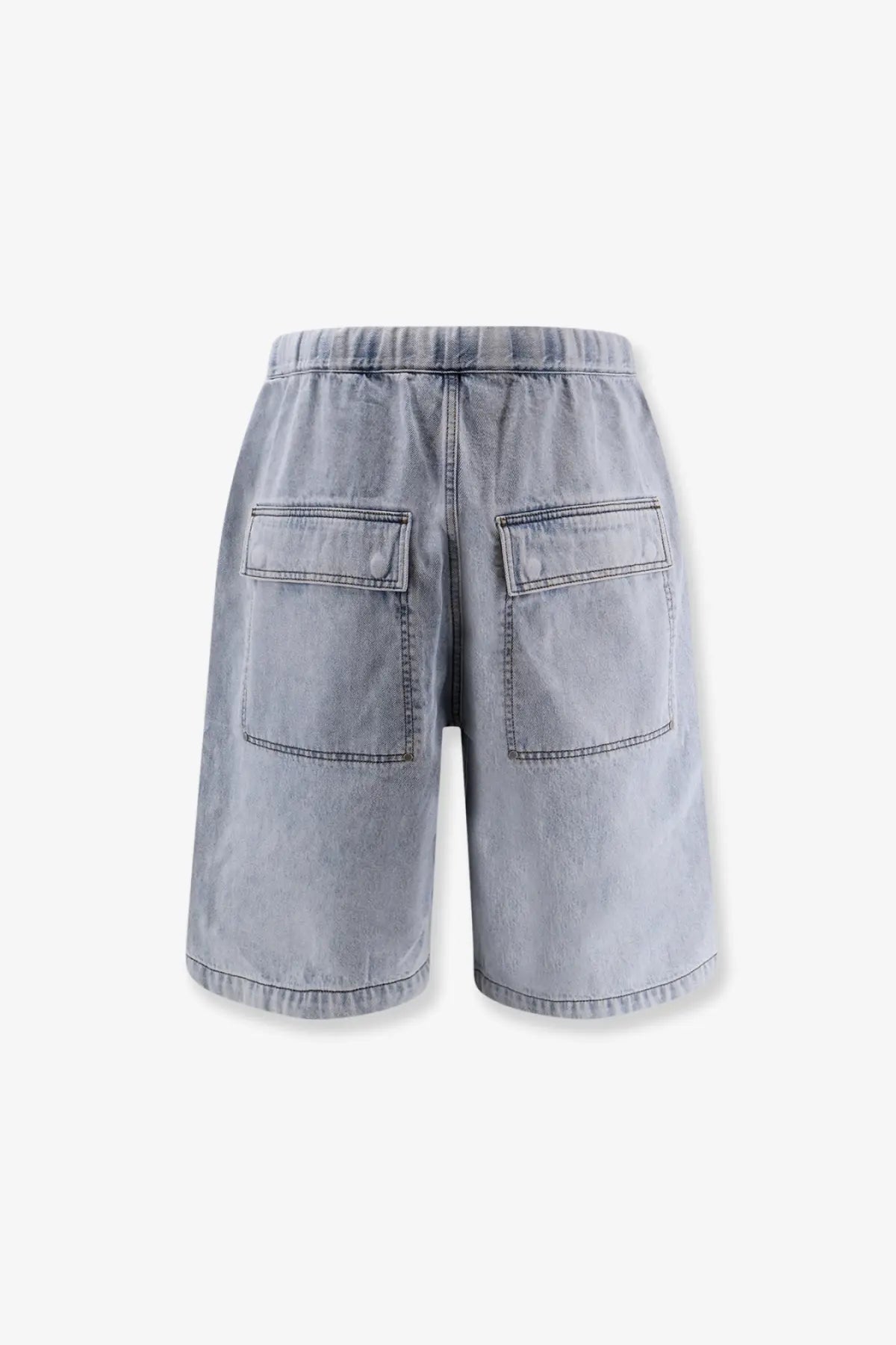 Entire studios mens light washed denim bermuda shorts blue in light gray with two back pockets and elastic waistband back view
