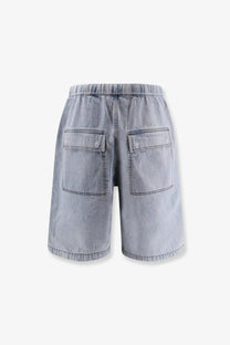 Entire studios mens light washed denim bermuda shorts blue in light gray with two back pockets and elastic waistband back view