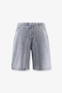 Entire Studios men’s light washed denim bermuda shorts in blue with light wash, relaxed fit, and classic five-pocket design