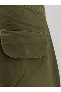 Olive green cotton pocket detail on entire studios unisex barren cargo trousers pine color front side view