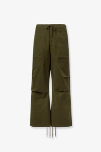 Entire studios unisex barren cargo trousers in pine olive green with wide legs and multiple pockets visible from the front