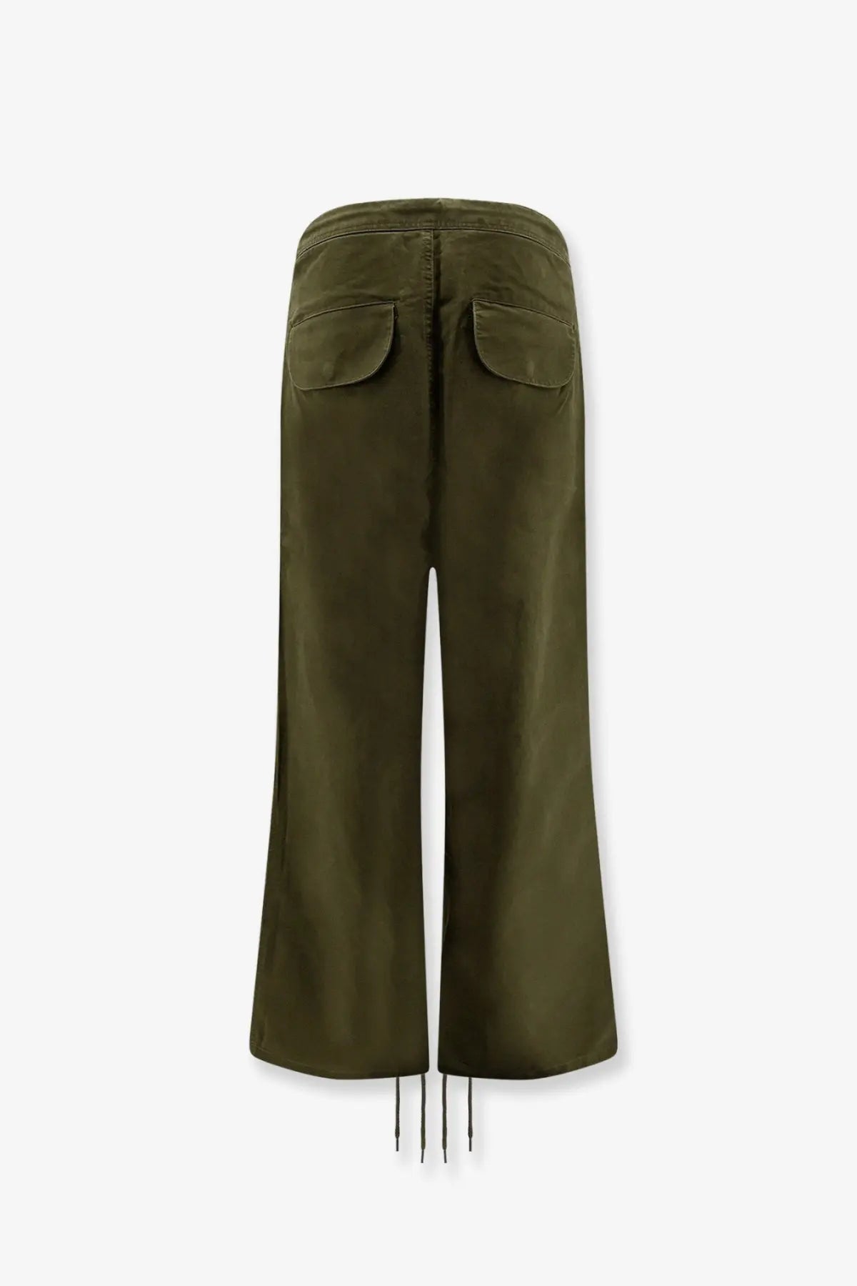 Entire studios unisex barren cargo trousers pine olive green wide-leg with two back pockets and drawstrings at the hem back view