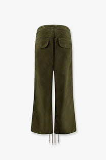 Entire studios unisex barren cargo trousers pine olive green wide-leg with two back pockets and drawstrings at the hem back view