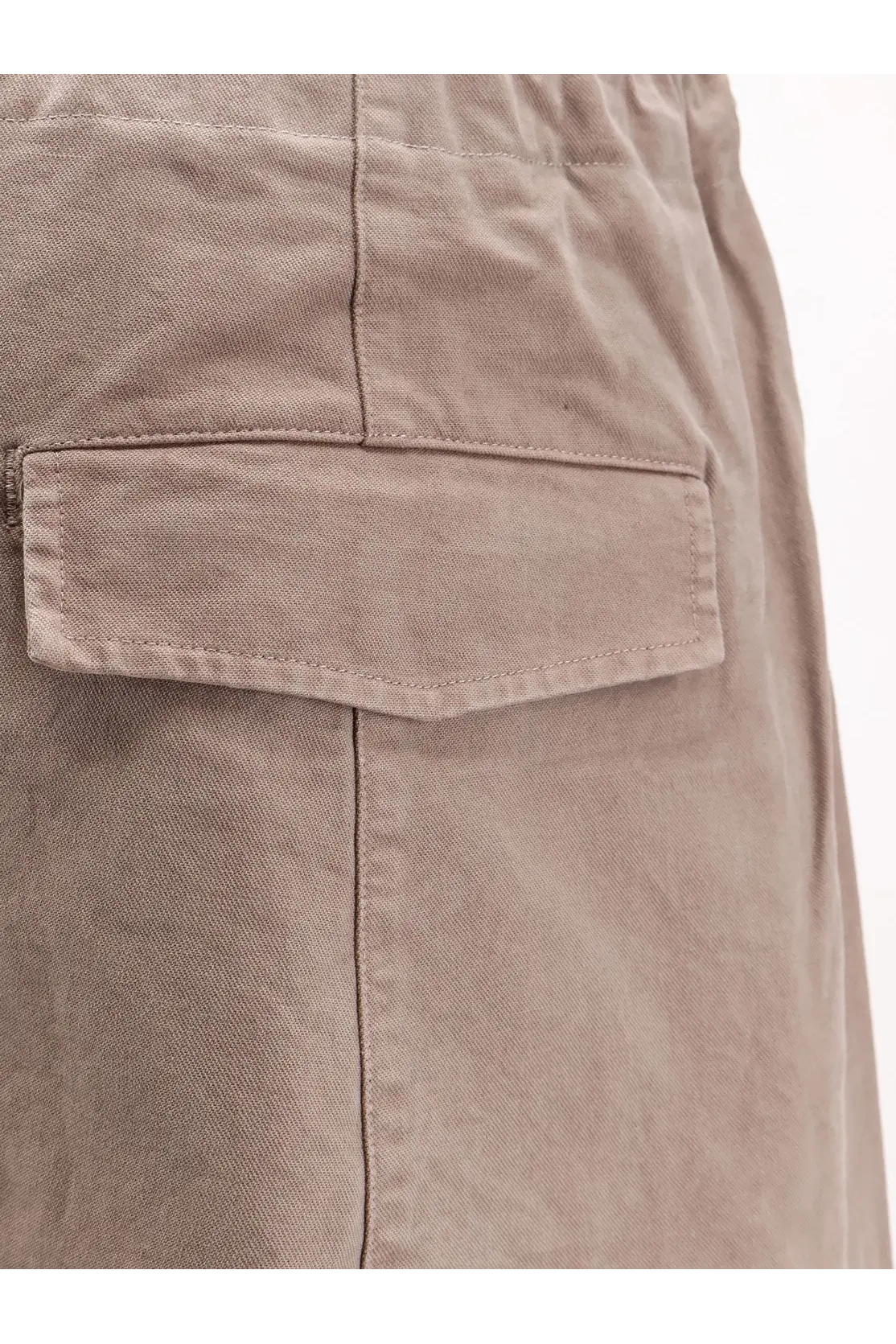 Beige cotton cargo pocket with neat stitching and subtle texture on entire studios unisex loft cotton trousers clay