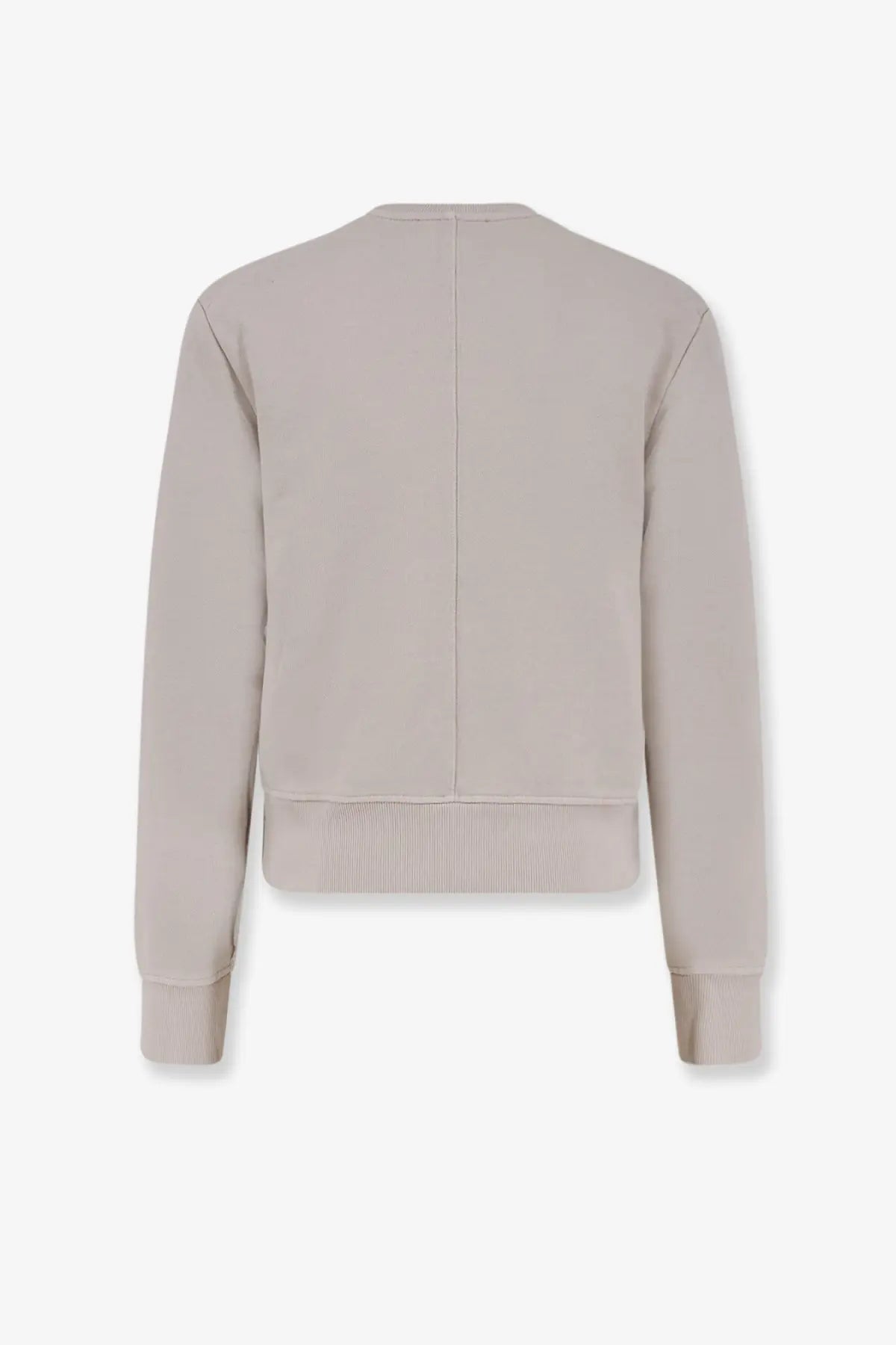 Beige knit sweater with ribbed cuffs and hem showing central seam down the back from entire studios unisex pod crew cotton shirt white