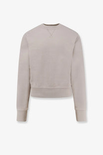 Entire Studios unisex pod crew cotton shirt white with soft beige cropped sweatshirt style ribbed cuffs hem and x stitch detail