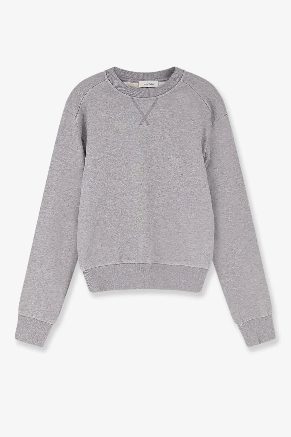 A soft heather gray unisex crewneck sweatshirt with ribbed cuffs and hem made of cotton by Entire Studios