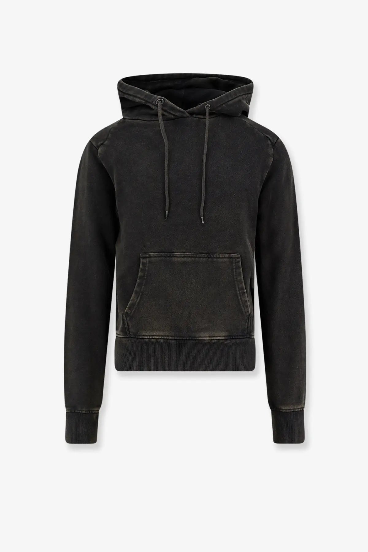 Entire studios unisex black distressed cotton hoodie with ribbed cuffs hem front pocket and drawstring hood