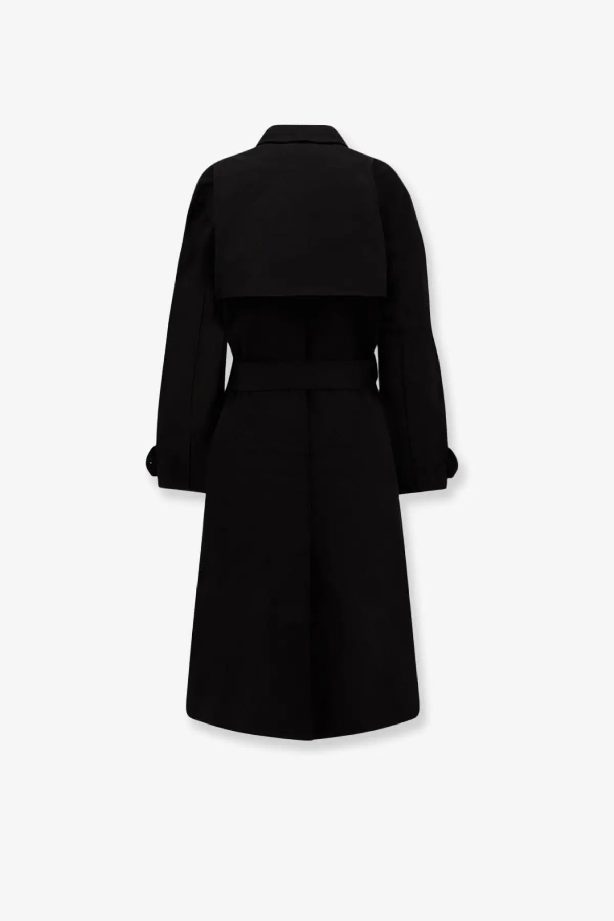 Entire Studios women’s classic cotton trench coat in black with structured collar and belted waist, long sleeves visible