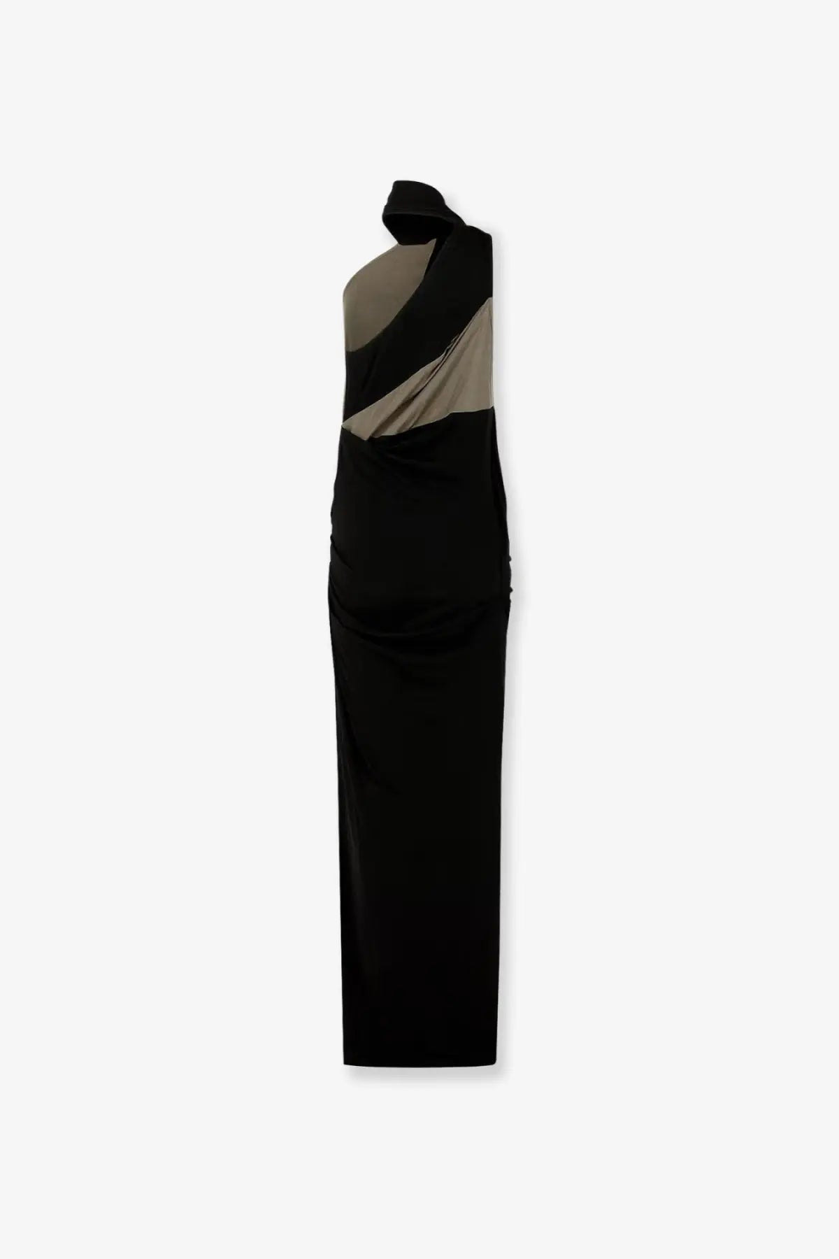 Entire Studios women’s cotton blend long dress in black and taupe with asymmetrical one-shoulder and draped panels