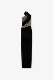 Entire Studios women’s cotton blend long dress in black and taupe with asymmetrical one-shoulder and draped panels