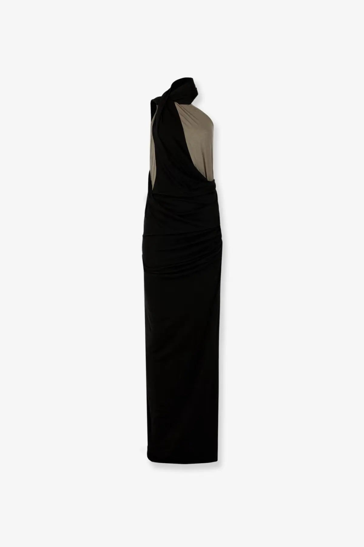 Entire Studios women’s cotton blend long dress in black and beige with one shoulder and draped neckline