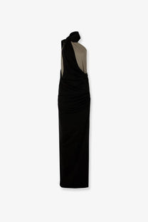 Entire Studios women’s cotton blend long dress in black and beige with one shoulder and draped neckline