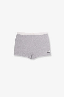 Entire Studios women’s cotton blend gray heathered boxer briefs with white waistband and black label on lower right leg