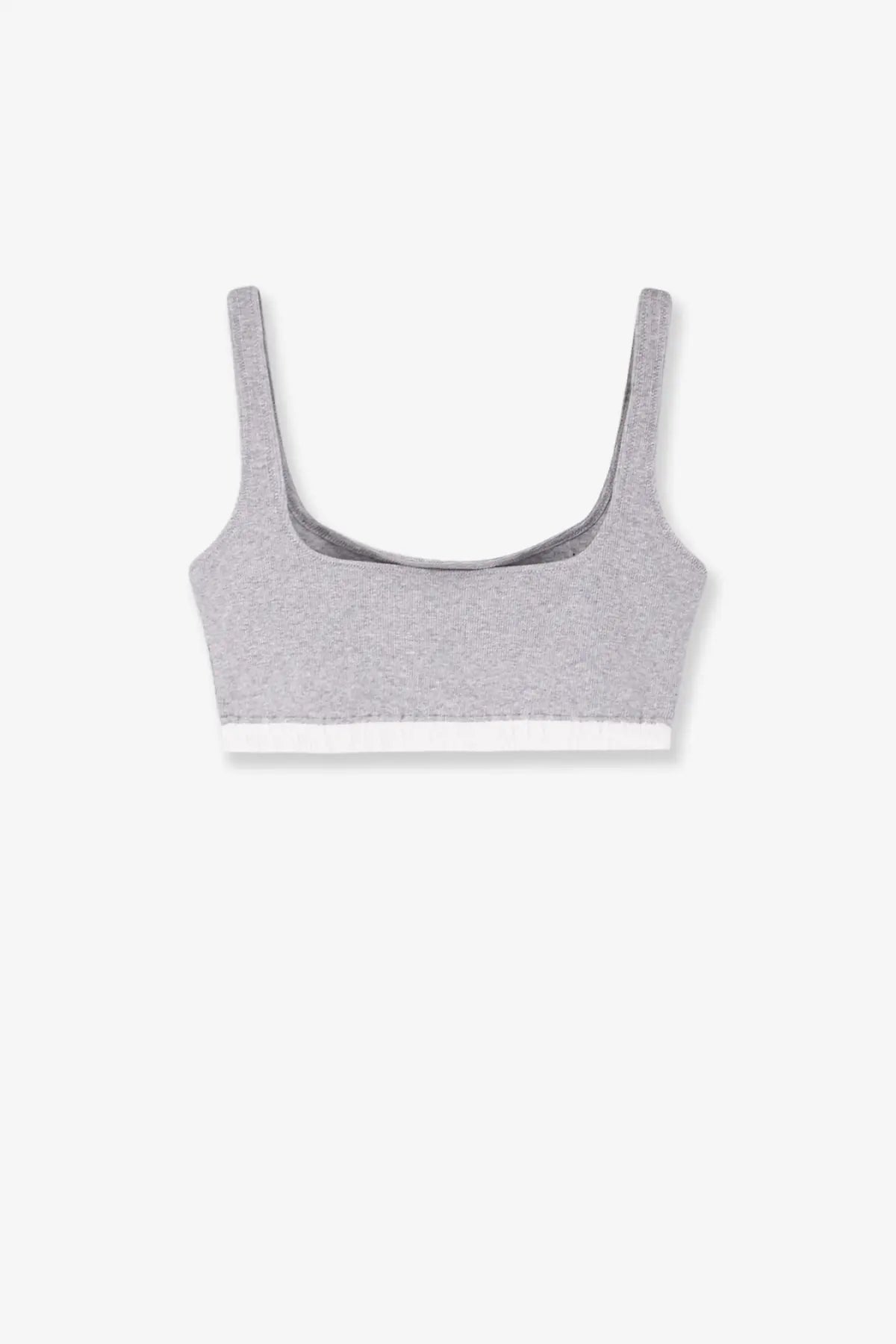 Entire studios women’s cotton blend gray heathered sports bra with white trim along the bottom edge pebble