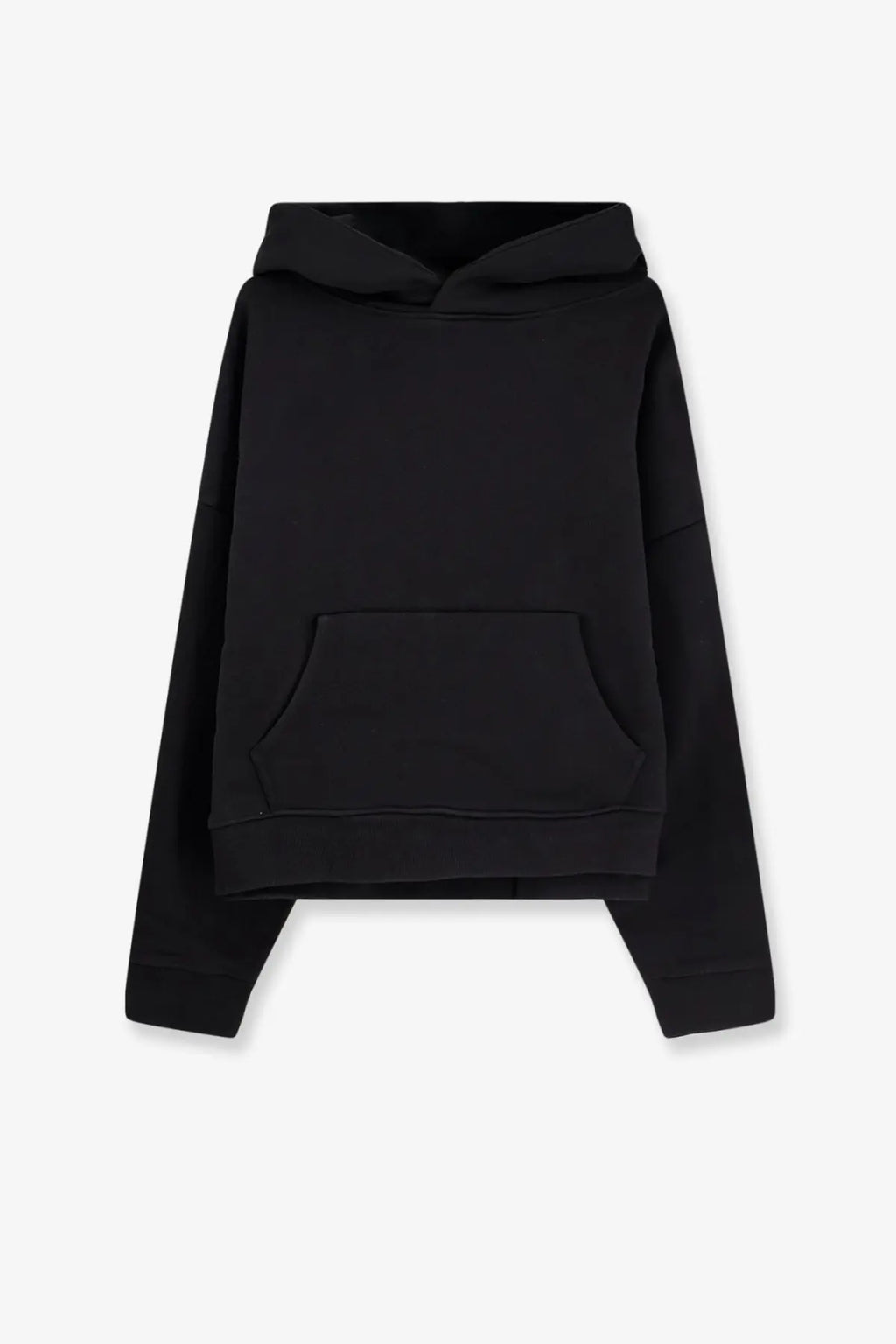 Entire Studios women’s black cotton cropped hoodie with front pocket and ribbed cuffs for casual wear
