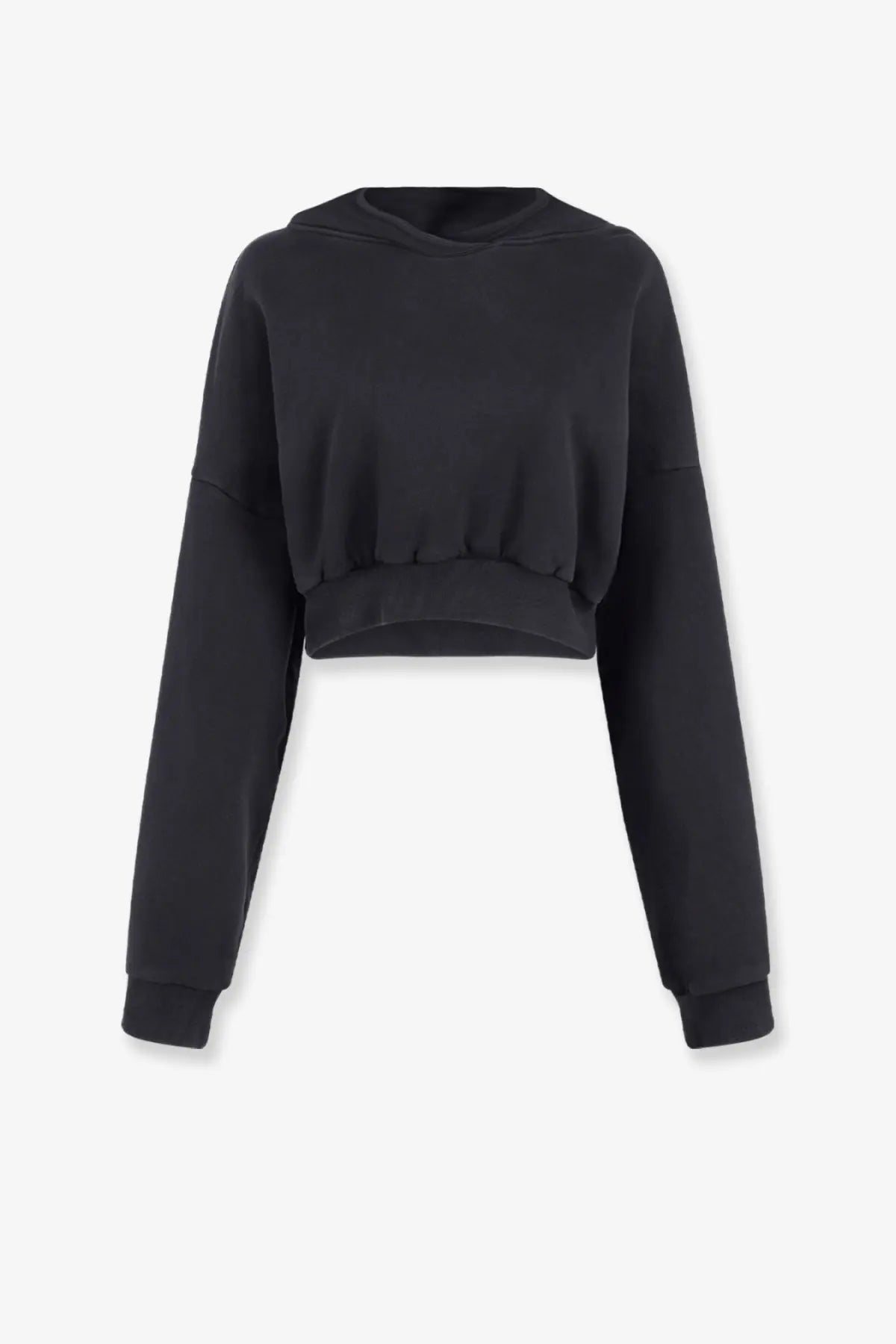 Entire Studios women’s black cropped cotton hoodie with long sleeves and relaxed gathered waistband front view