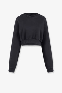 Entire Studios women’s black cropped cotton hoodie with long sleeves and relaxed gathered waistband front view