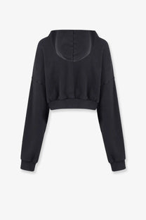 Entire studios women’s cropped cotton sweatshirt grey in black with relaxed fit and ribbed cuffs shown from the back